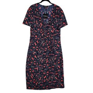 Liz‎ Claiborne Dress Women's 16 Blue Red Faux Wrap Rusched Waist Office Career